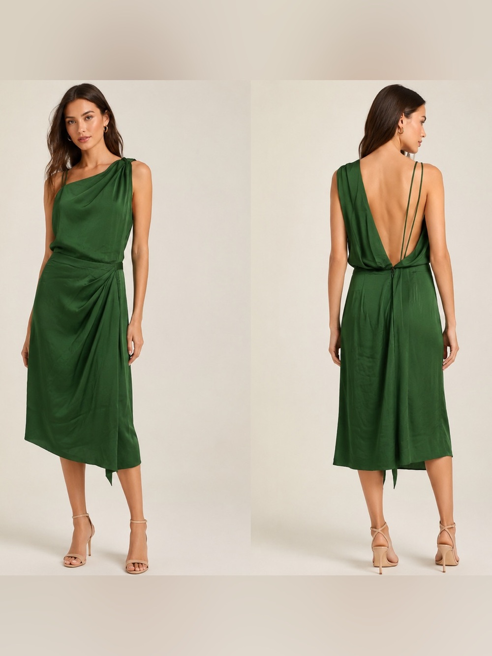 Reiss Emerald Green Ostia One Shoulder Draped Open Back Midi Dress size 10